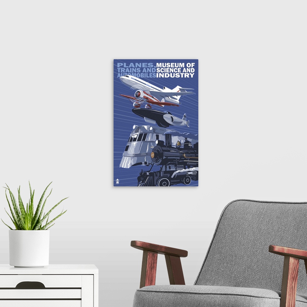 A modern room featuring Museum of Science and Industry Vehicles - Chicago, IL: Retro Travel Poster