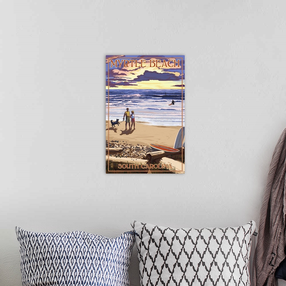 A bohemian room featuring Myrtle Beach, South Carolina - Beach Walk and Surfers: Retro Travel Poster