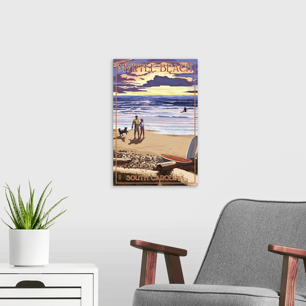 A modern room featuring Myrtle Beach, South Carolina - Beach Walk and Surfers: Retro Travel Poster