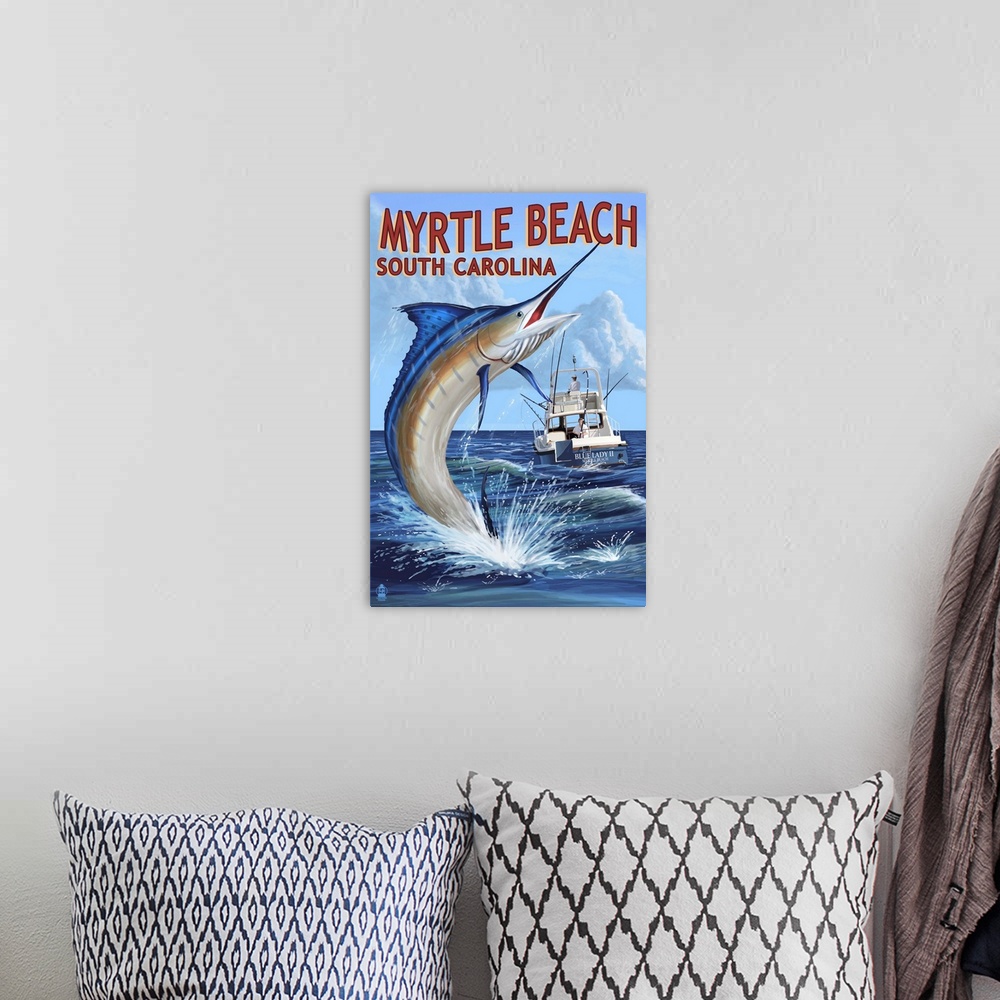 A bohemian room featuring Myrtle Beach, South Carolina - Marlin Fishing Scene: Retro Travel Poster