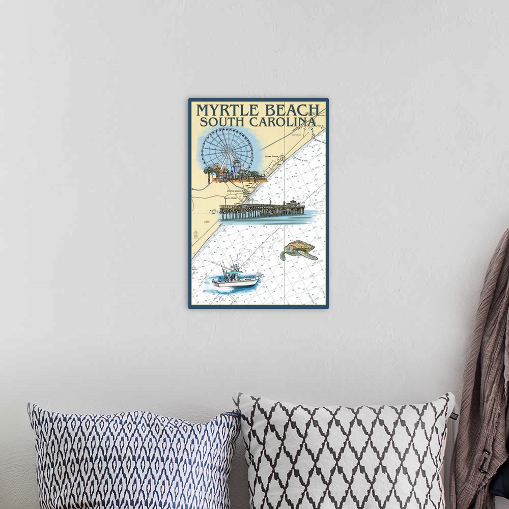 A bohemian room featuring Myrtle Beach, South Carolina - Nautical Chart: Retro Travel Poster