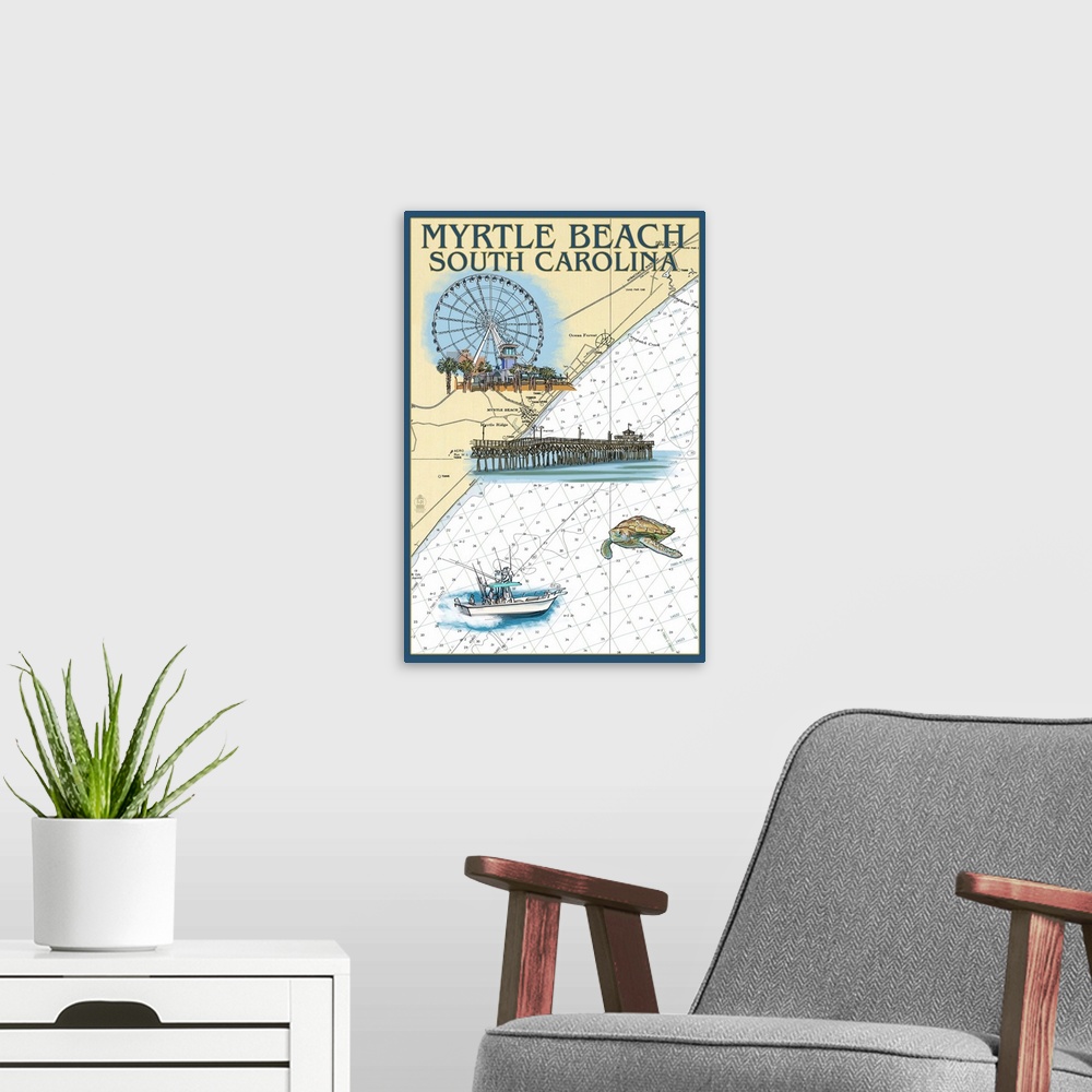 A modern room featuring Myrtle Beach, South Carolina - Nautical Chart: Retro Travel Poster