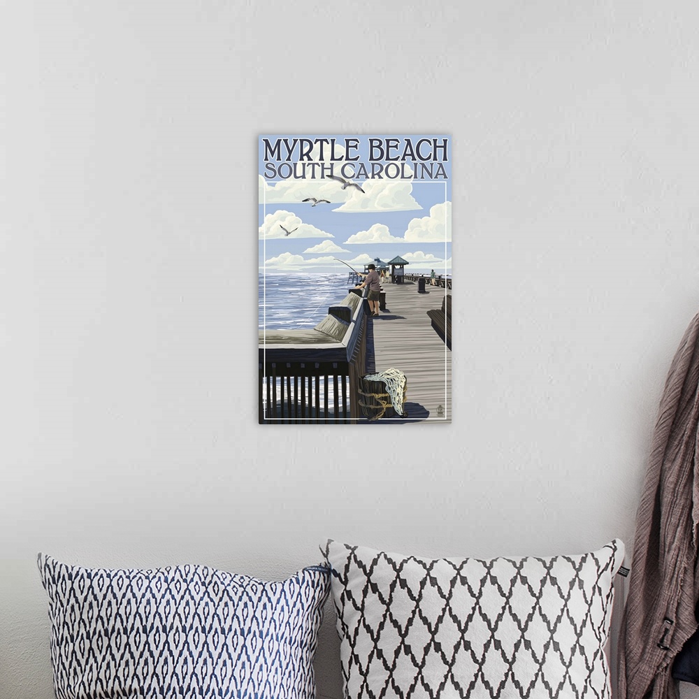 A bohemian room featuring Myrtle Beach, South Carolina - Pier Scene: Retro Travel Poster