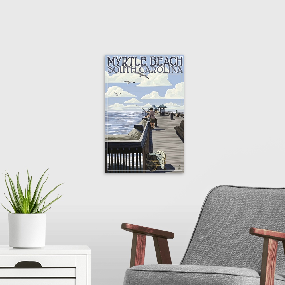 A modern room featuring Myrtle Beach, South Carolina - Pier Scene: Retro Travel Poster