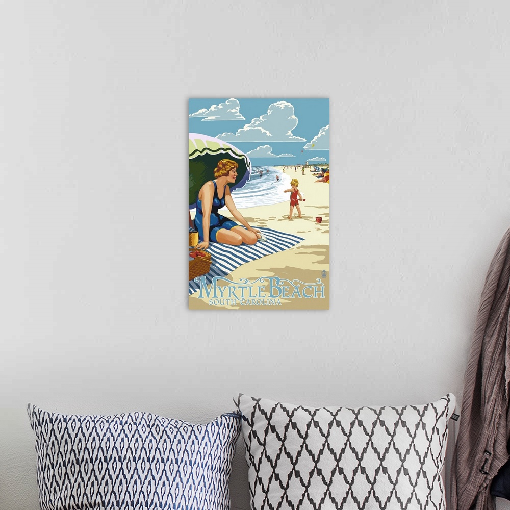 A bohemian room featuring Myrtle Beach, South Carolina - Woman on Beach: Retro Travel Poster
