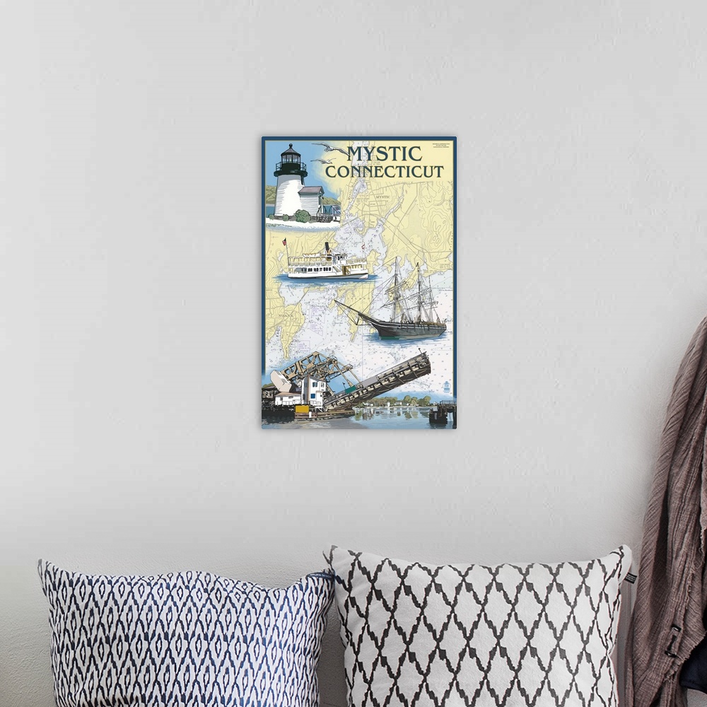 A bohemian room featuring Mystic, Connecticut - Nautical Chart: Retro Travel Poster
