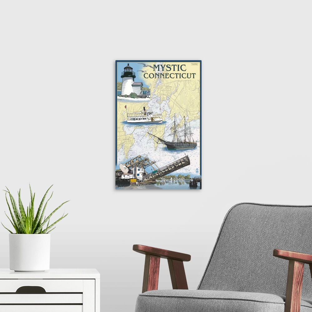 A modern room featuring Mystic, Connecticut - Nautical Chart: Retro Travel Poster