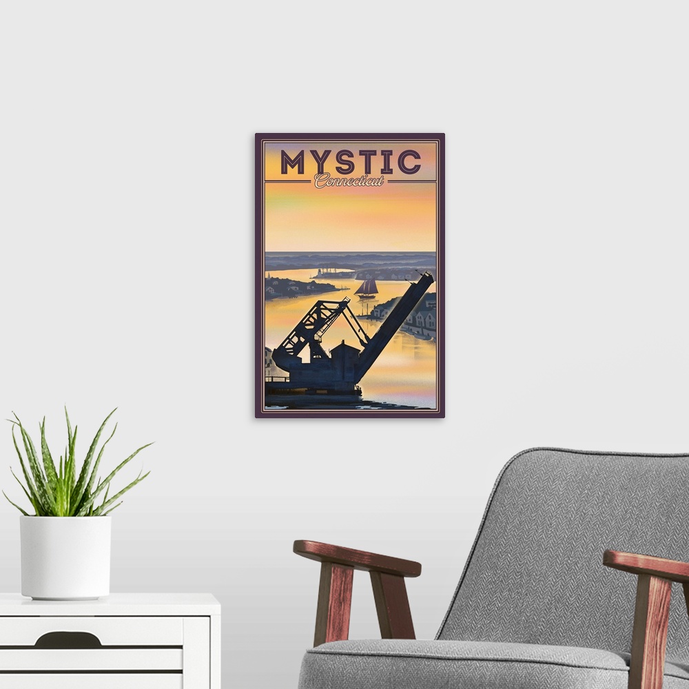 A modern room featuring Mystic, Connecticut - River - Lithograph