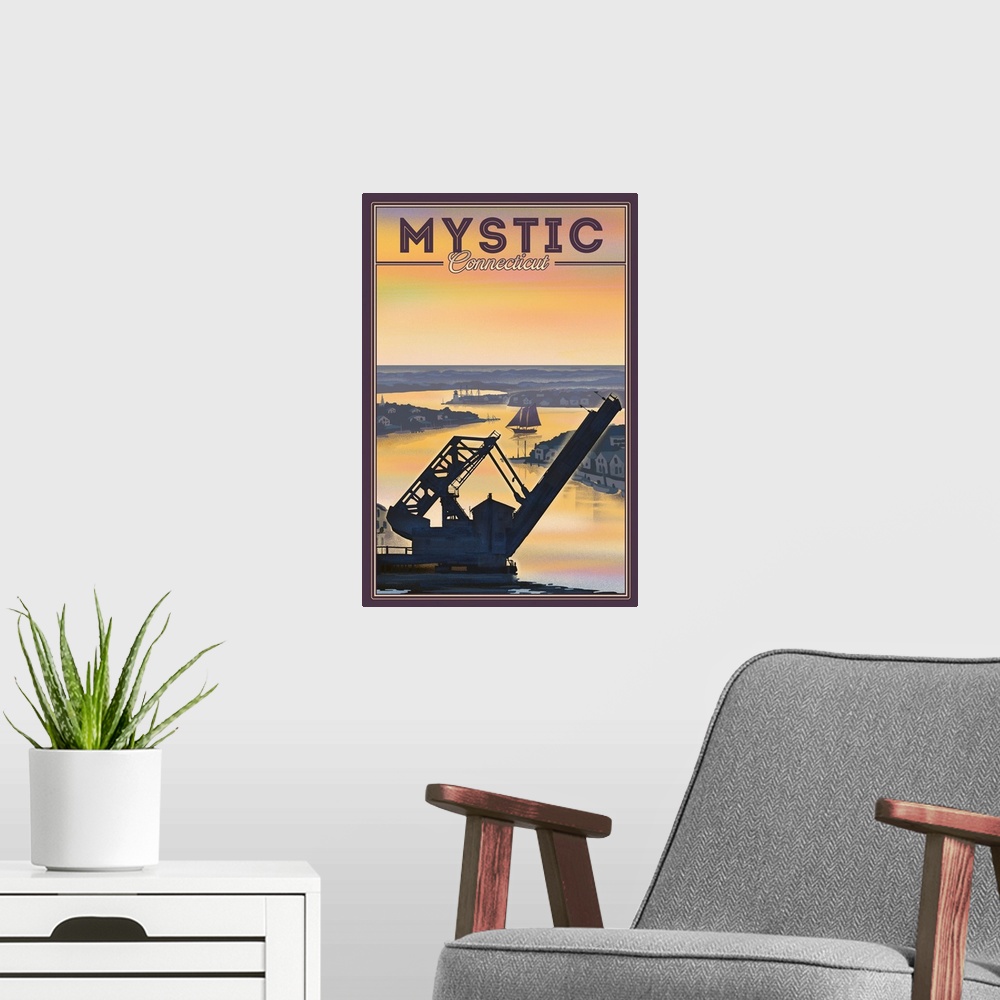 A modern room featuring Mystic, Connecticut - River - Lithograph