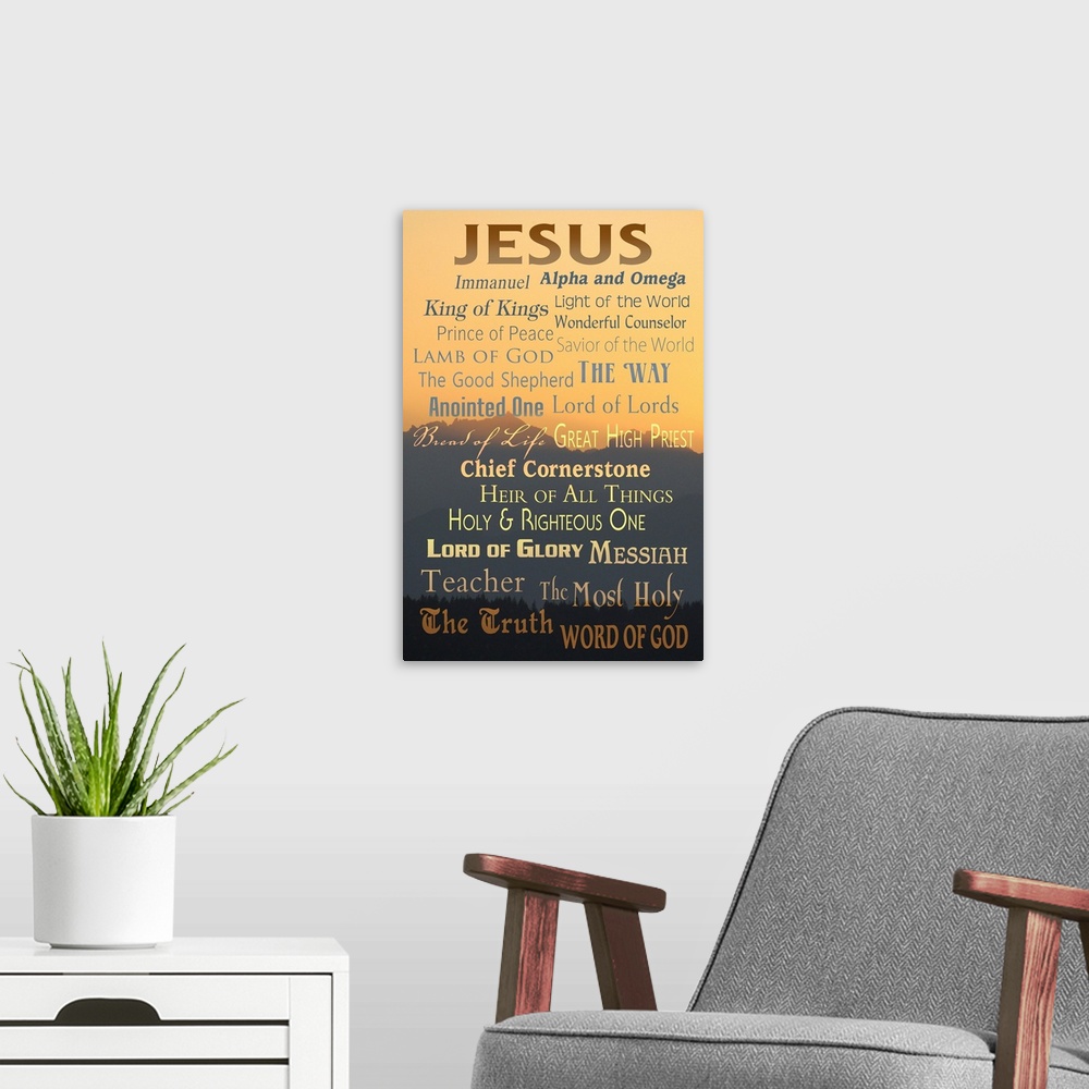 A modern room featuring Names of God - Inspirational - Lantern Press Artwork: Retro Travel Poster