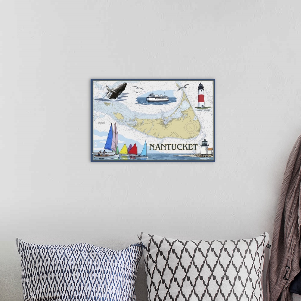 A bohemian room featuring Nantucket, MA Nautical Chart: Retro Travel Poster