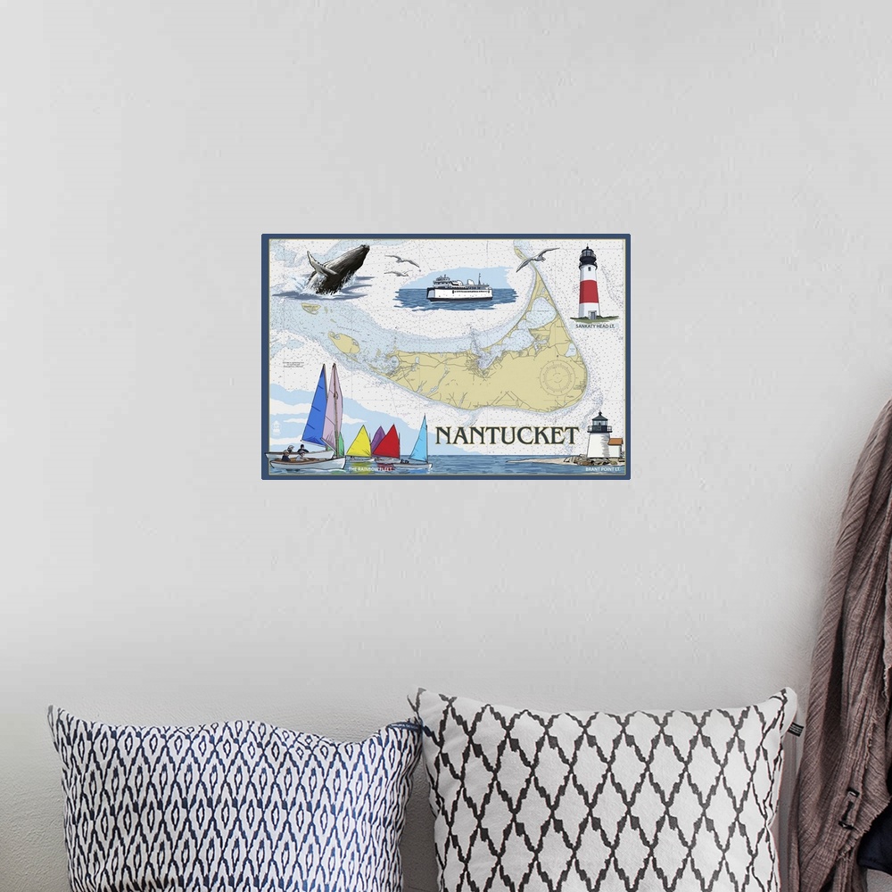 A bohemian room featuring Nantucket, MA Nautical Chart: Retro Travel Poster
