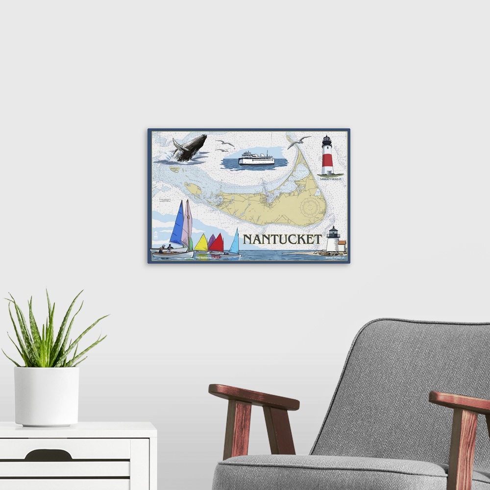A modern room featuring Nantucket, MA Nautical Chart: Retro Travel Poster