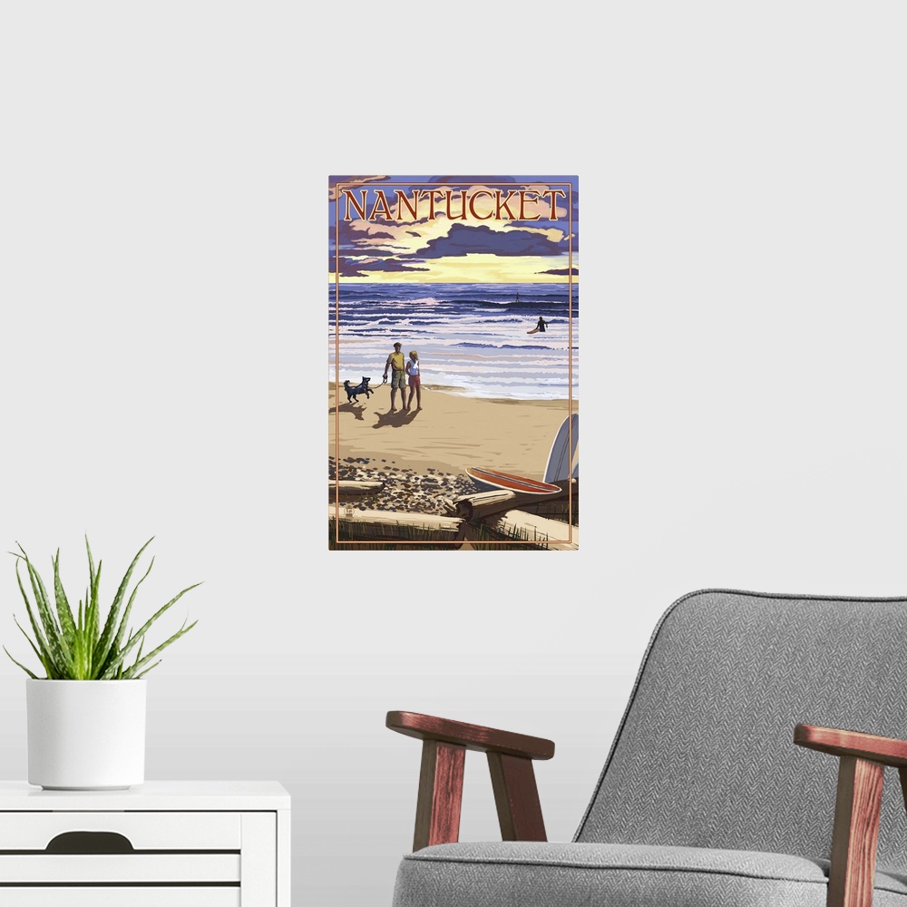 A modern room featuring Retro stylized art poster of a couple with a dog walking along a beach at sunset.