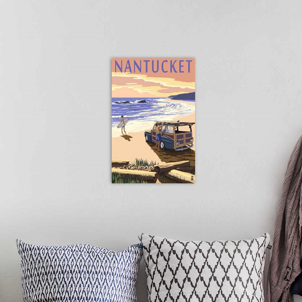 A bohemian room featuring Nantucket, Massachusetts - Woody on Beach: Retro Travel Poster