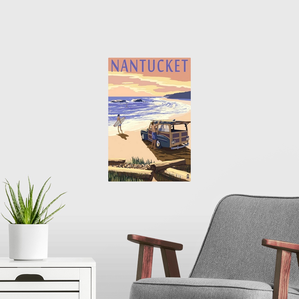 A modern room featuring Nantucket, Massachusetts - Woody on Beach: Retro Travel Poster