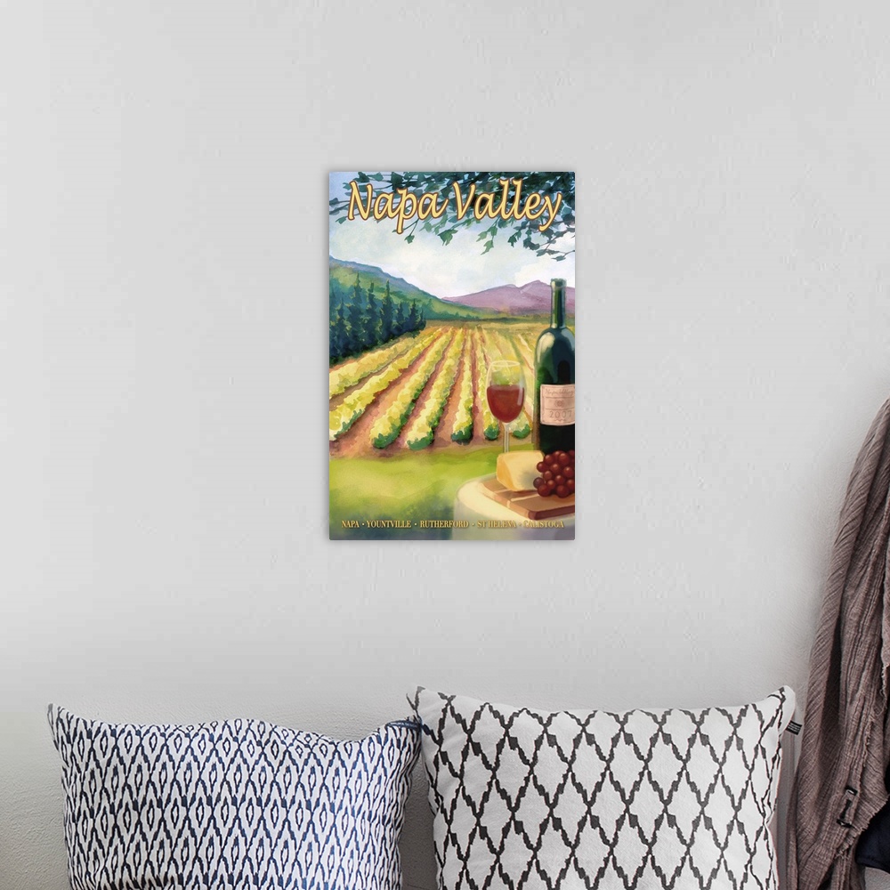 A bohemian room featuring Napa Valley Wine Country: Retro Travel Poster