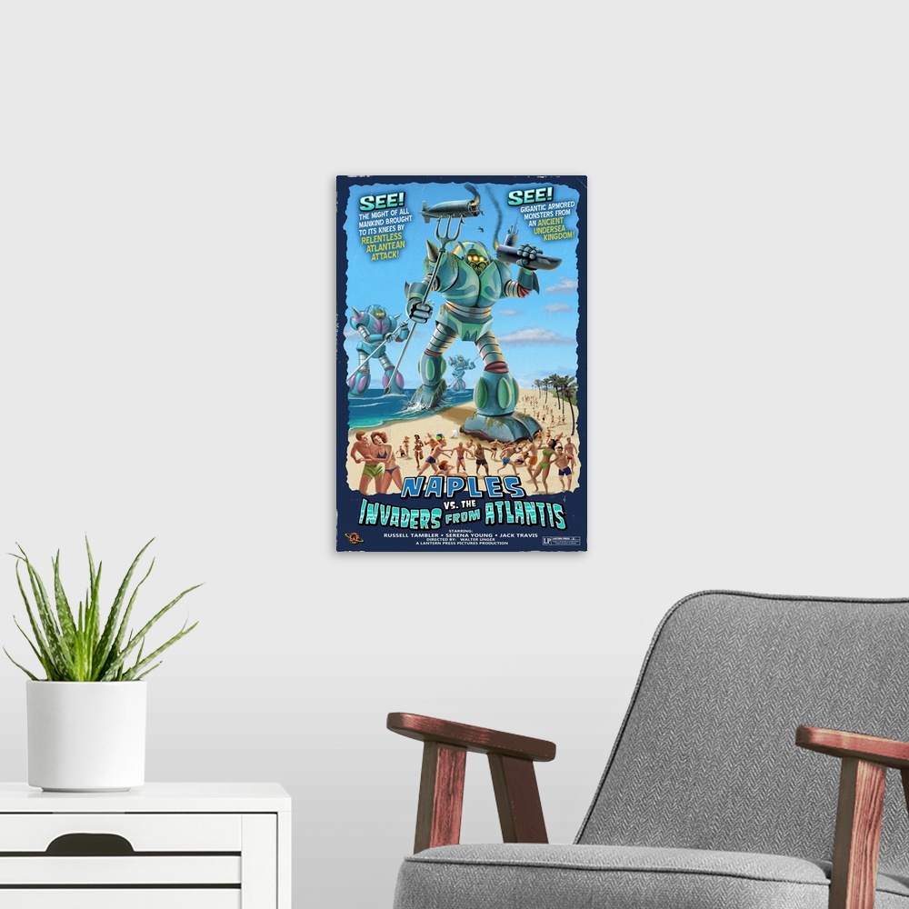 A modern room featuring Naples, Florida - Naples vs. Atlantean Invaders: Retro Travel Poster