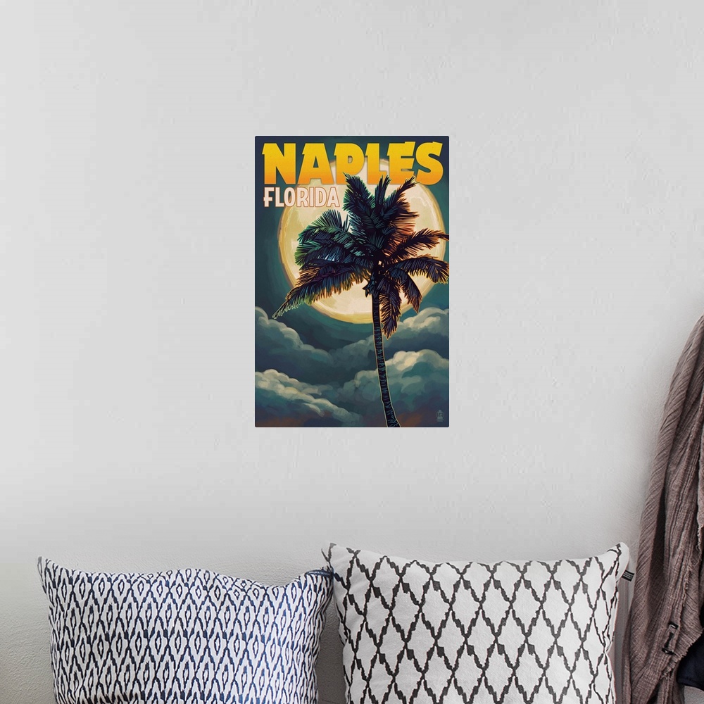 A bohemian room featuring Naples, Florida - Palm and Moon: Retro Travel Poster