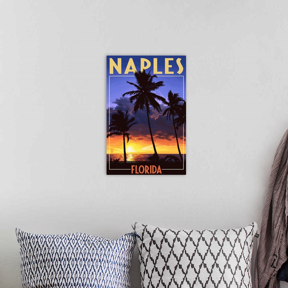 A bohemian room featuring Naples, Florida - Palms and Sunset: Retro Travel Poster