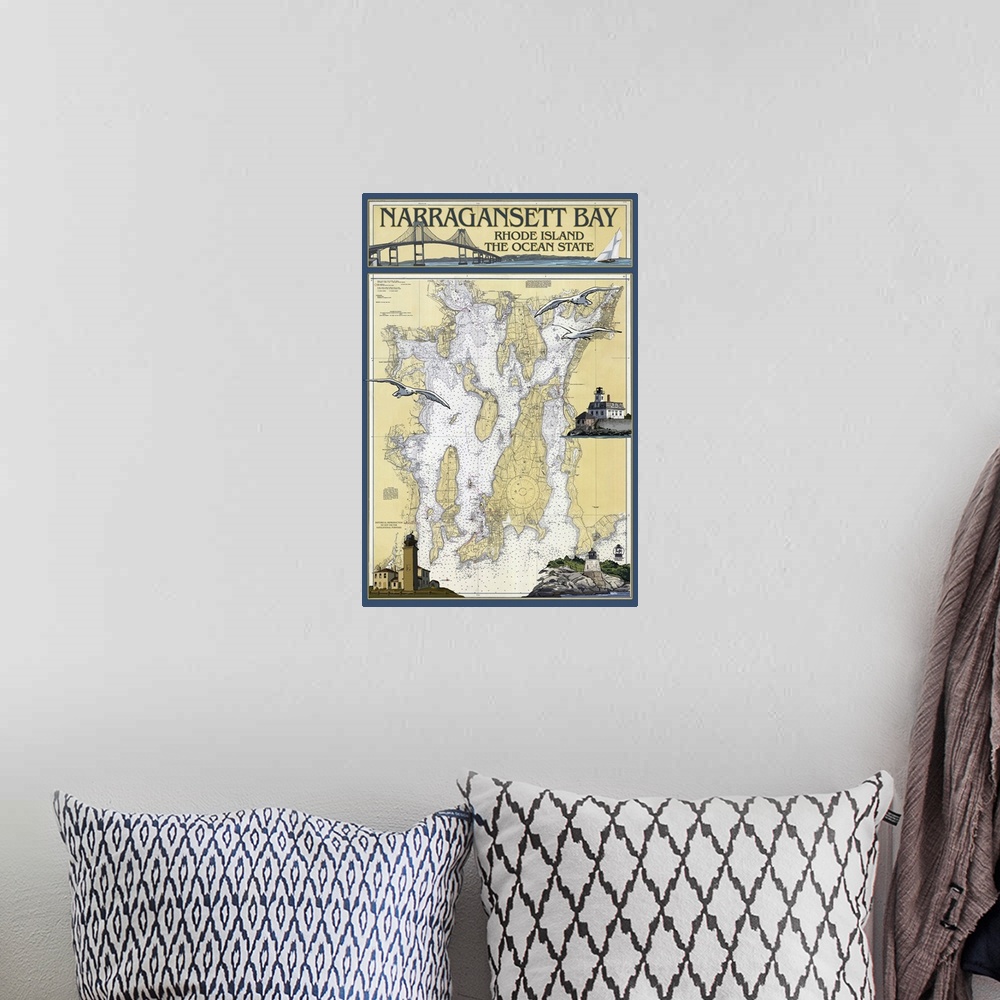 A bohemian room featuring Narragansett Bay, Rhode Island Nautical Chart: Retro Travel Poster