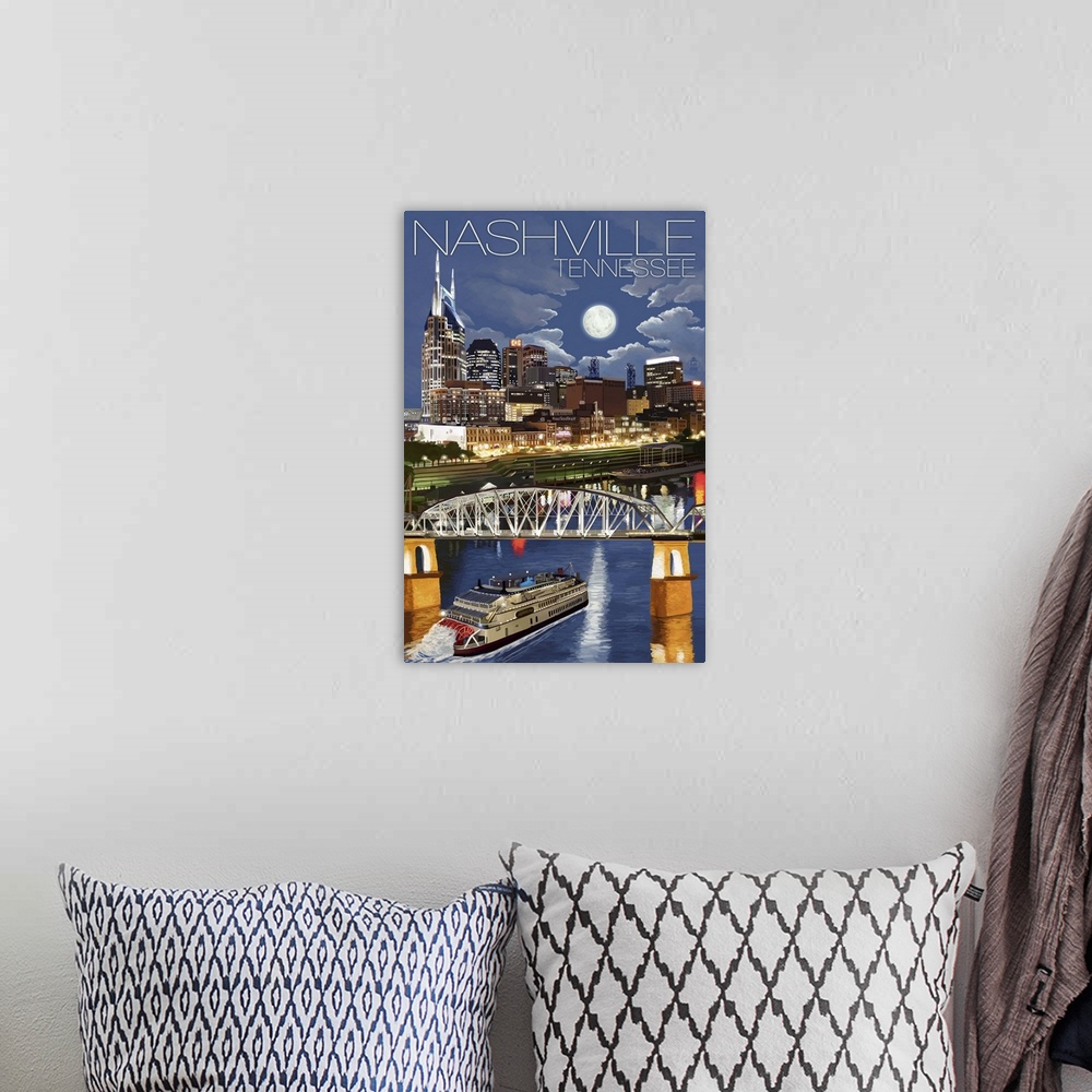 A bohemian room featuring Nashville at Night - Nashville, Tennessee: Retro Travel Poster