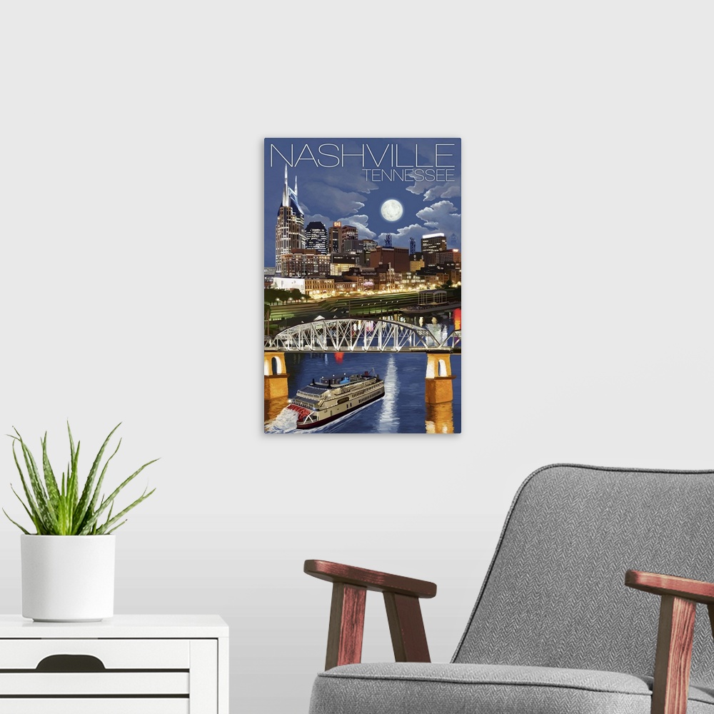 A modern room featuring Nashville at Night - Nashville, Tennessee: Retro Travel Poster
