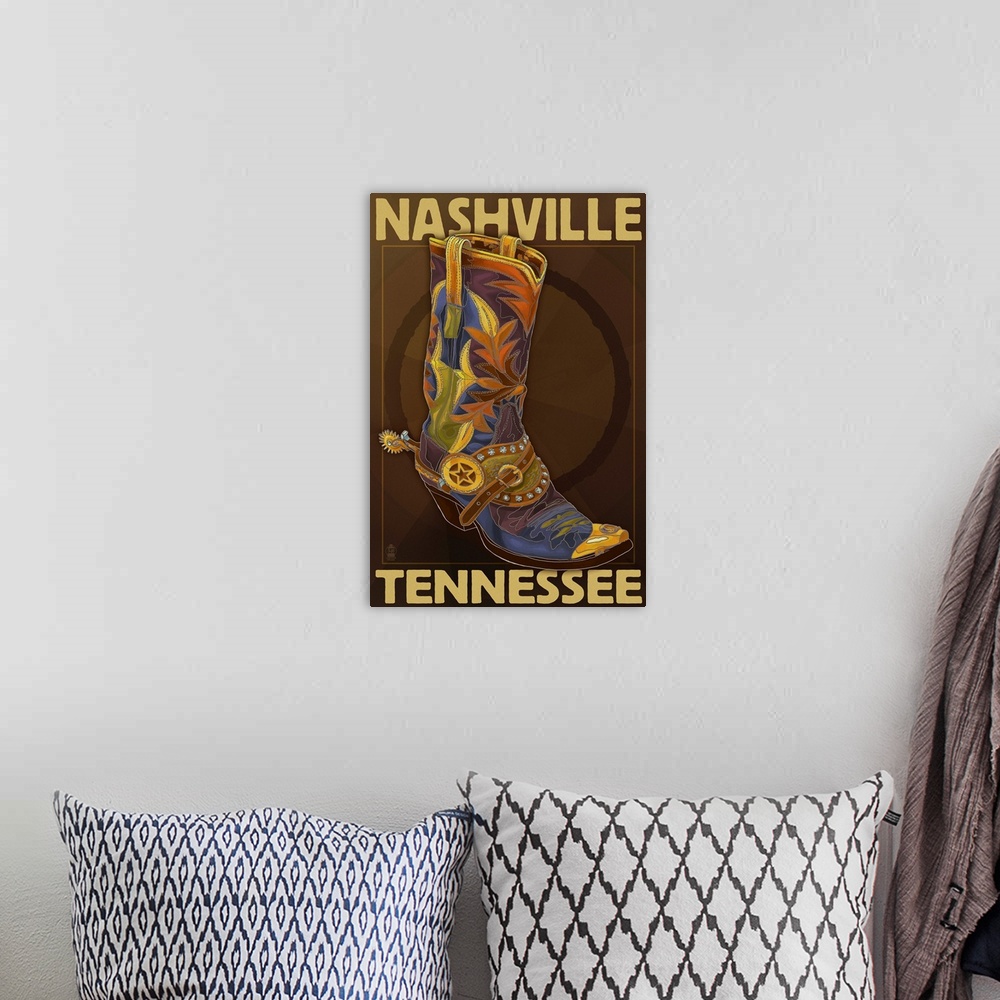 A bohemian room featuring Retro stylized art poster of a cowboy boot, with a golden spur on the heel.