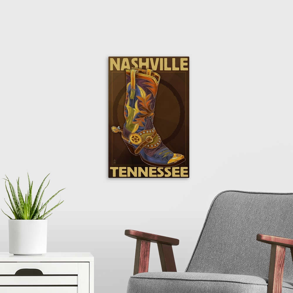 A modern room featuring Retro stylized art poster of a cowboy boot, with a golden spur on the heel.