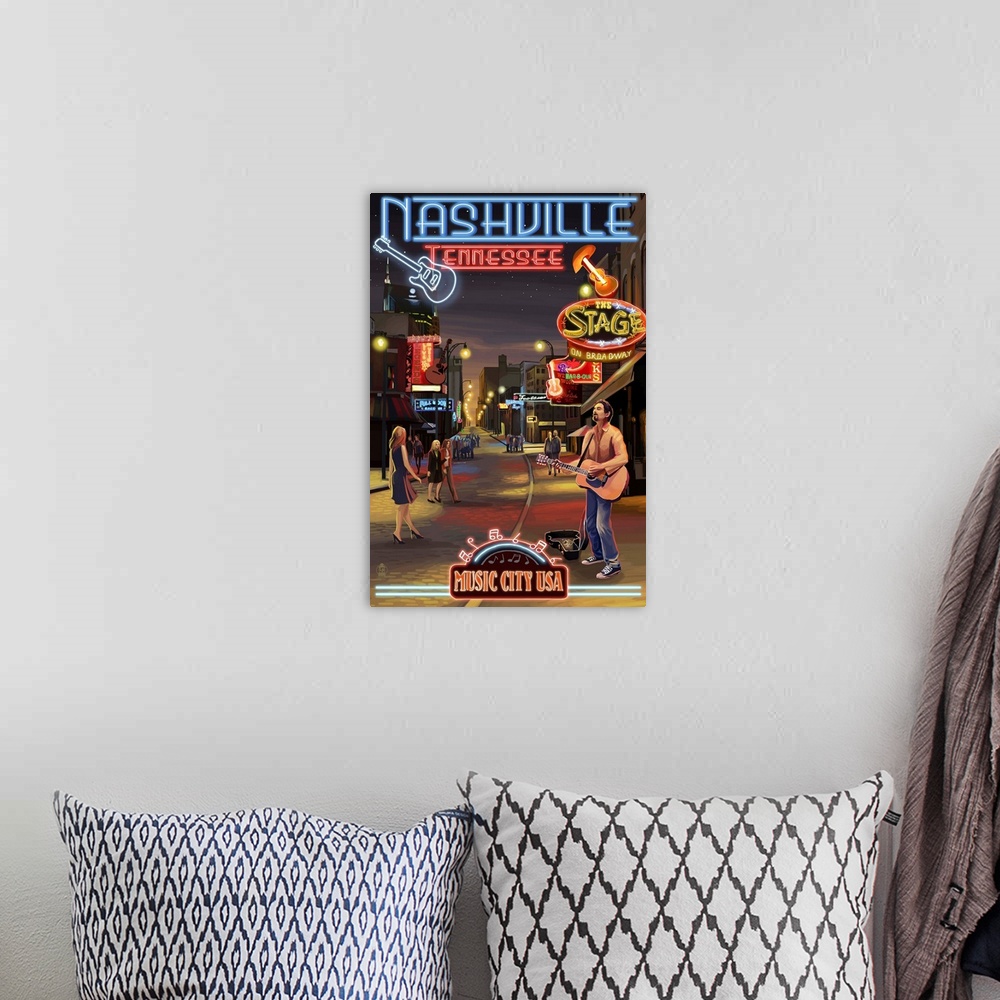 A bohemian room featuring Retro stylized art poster of neon signs and a man playing a guitar.
