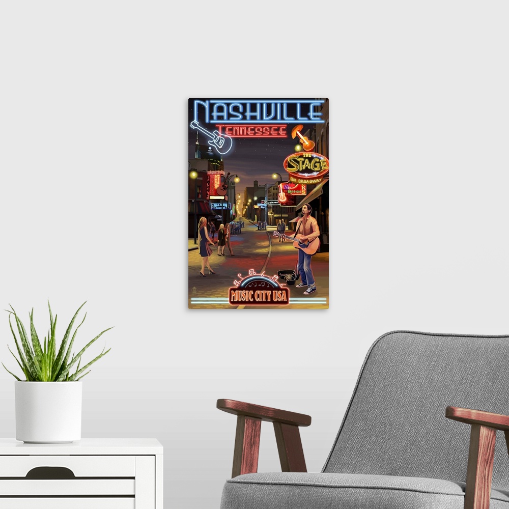 A modern room featuring Retro stylized art poster of neon signs and a man playing a guitar.