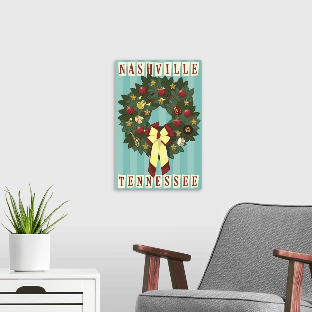A modern room featuring Nashville, Tennessee - Christmas Wreath: Retro Travel Poster