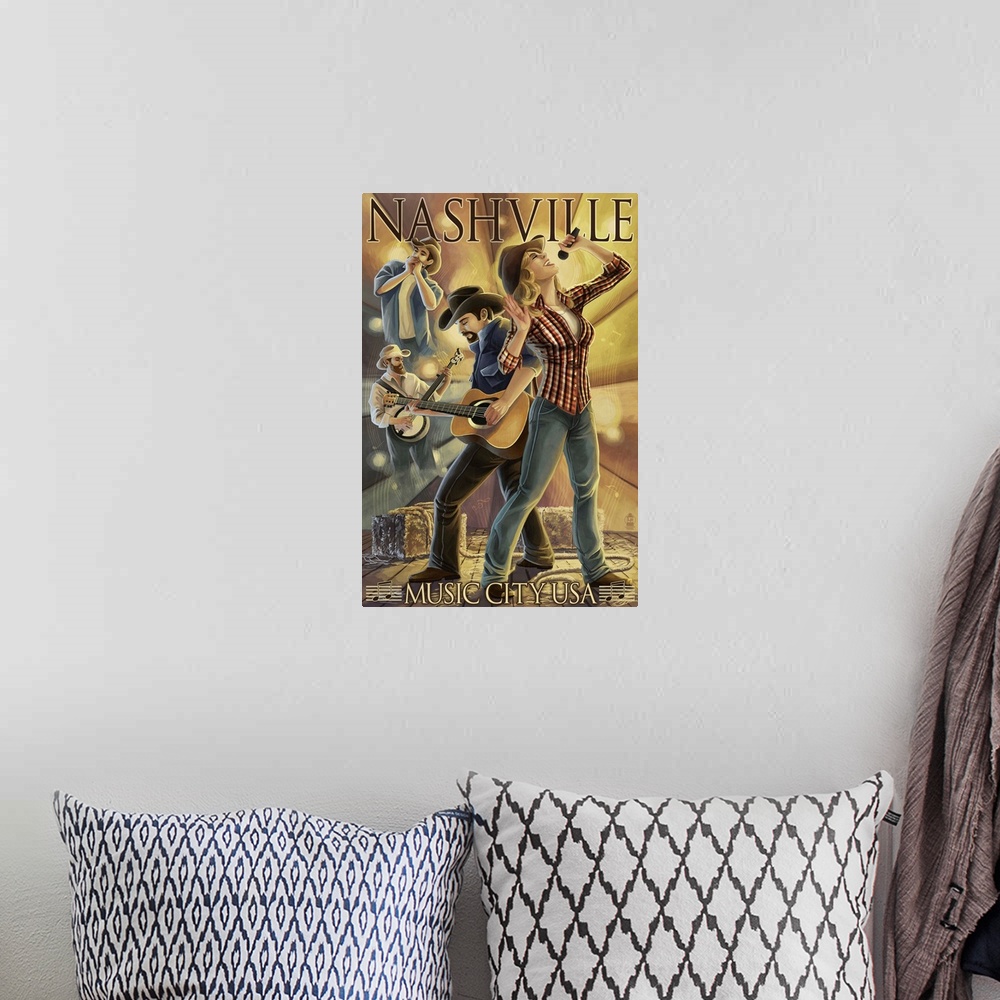 A bohemian room featuring Retro stylized art poster of a man playing a guitar and woman siging.