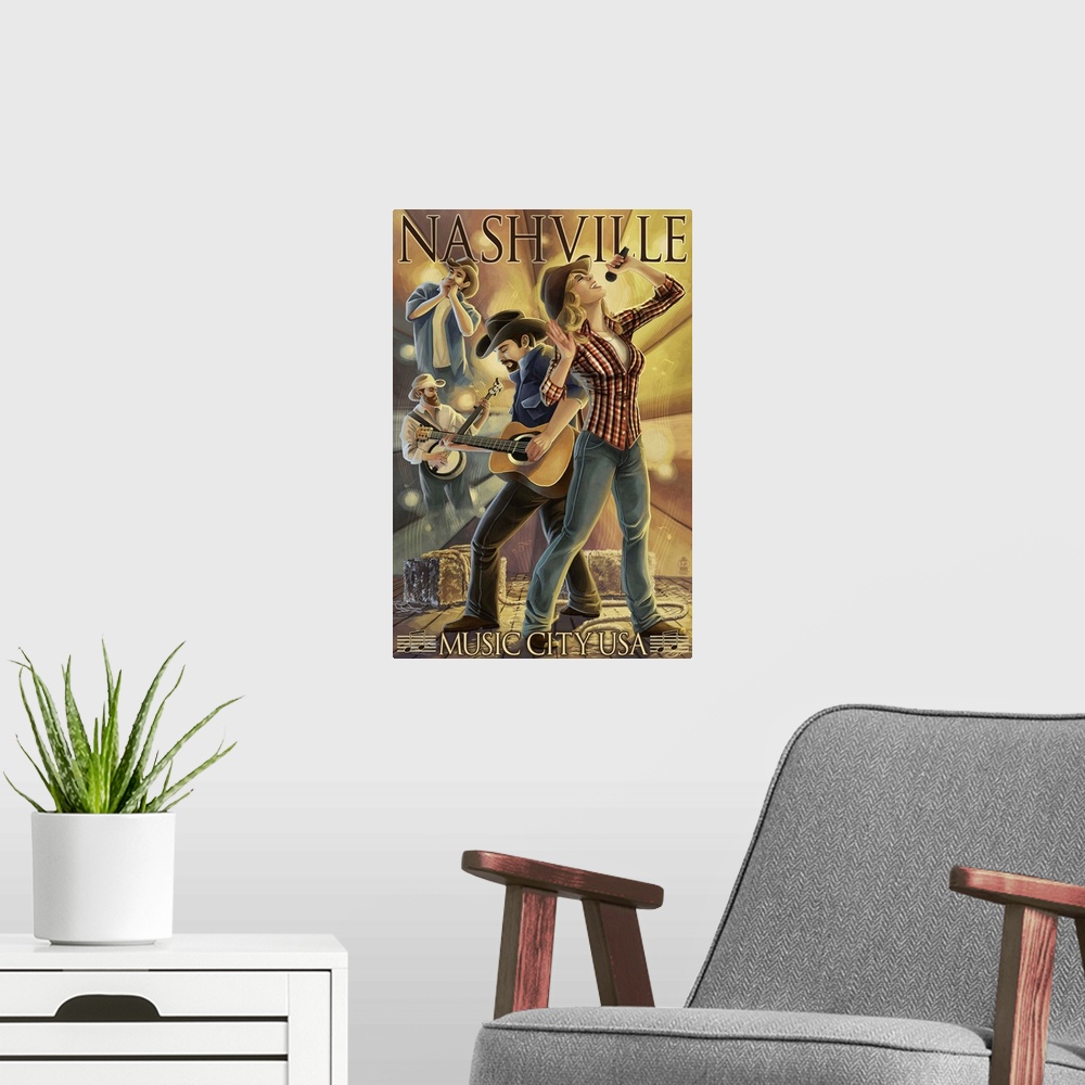 A modern room featuring Retro stylized art poster of a man playing a guitar and woman siging.
