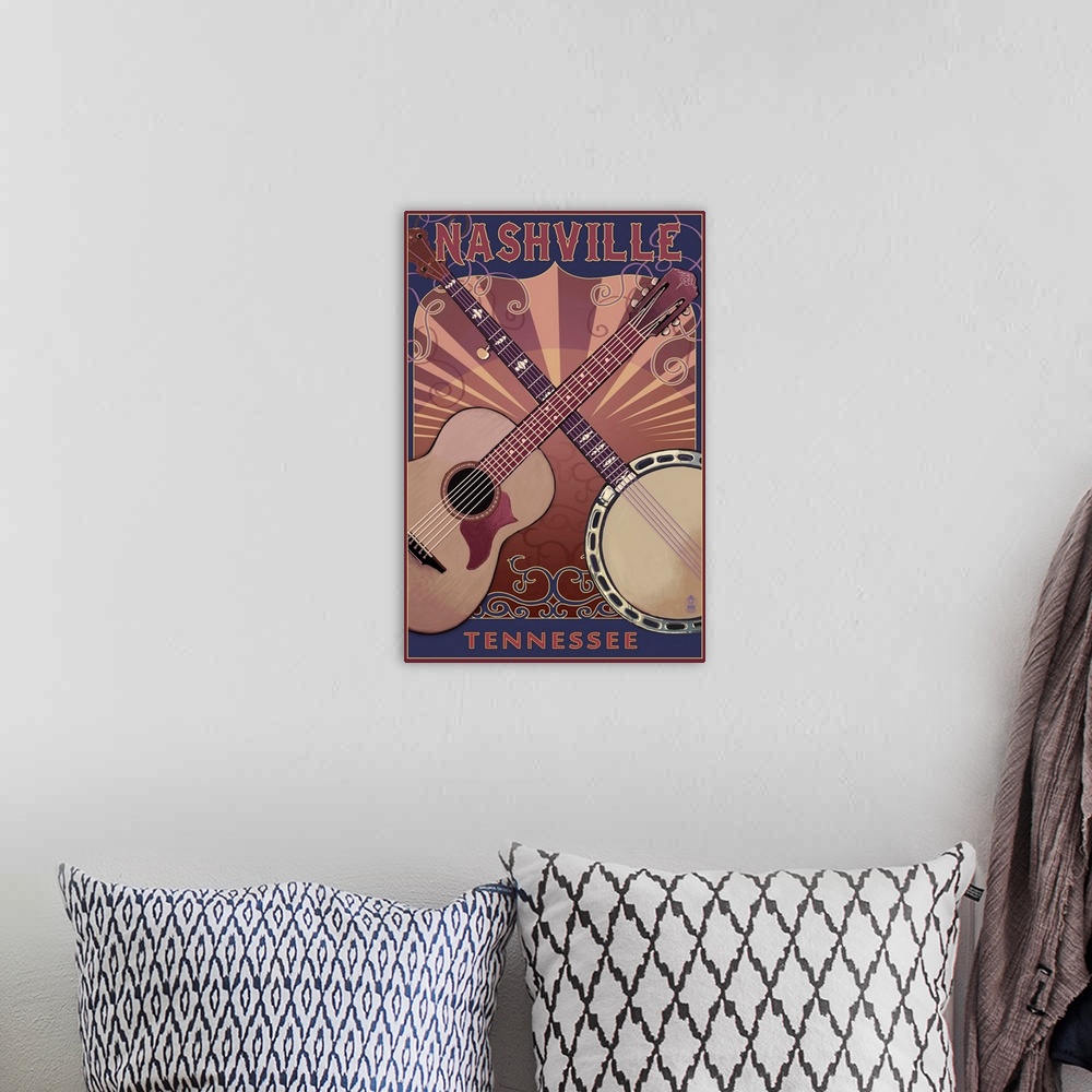 A bohemian room featuring Nashville, Tennessee - Guitar and Banjo Music: Retro Travel Poster