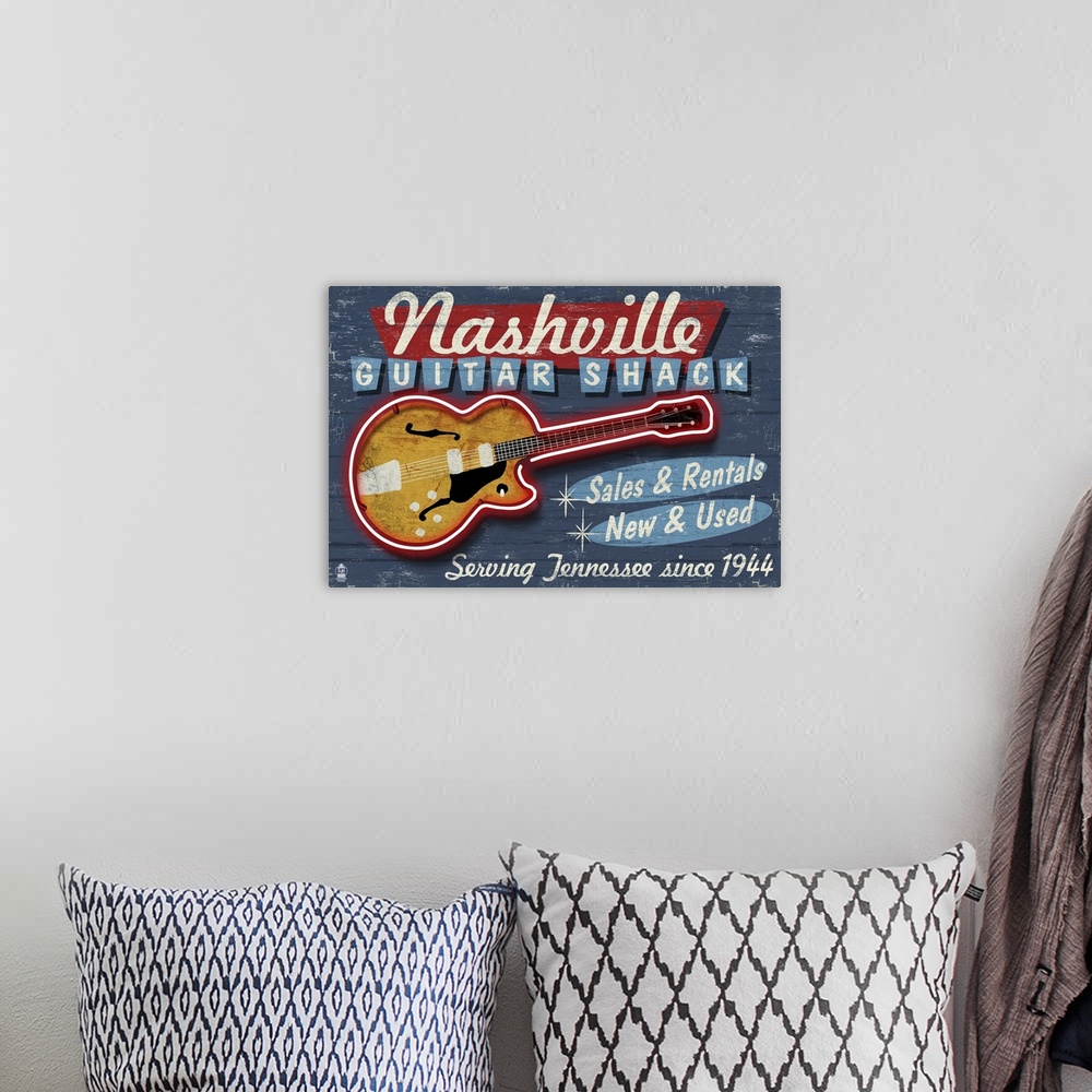 A bohemian room featuring Nashville, Tennessee - Guitar Shack Vintage Sign: Retro Travel Poster