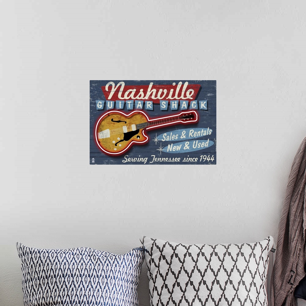 A bohemian room featuring Nashville, Tennessee - Guitar Shack Vintage Sign: Retro Travel Poster