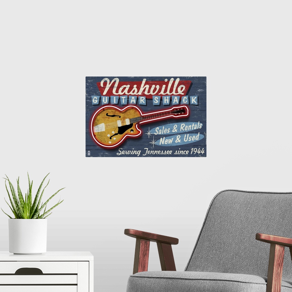 A modern room featuring Nashville, Tennessee - Guitar Shack Vintage Sign: Retro Travel Poster