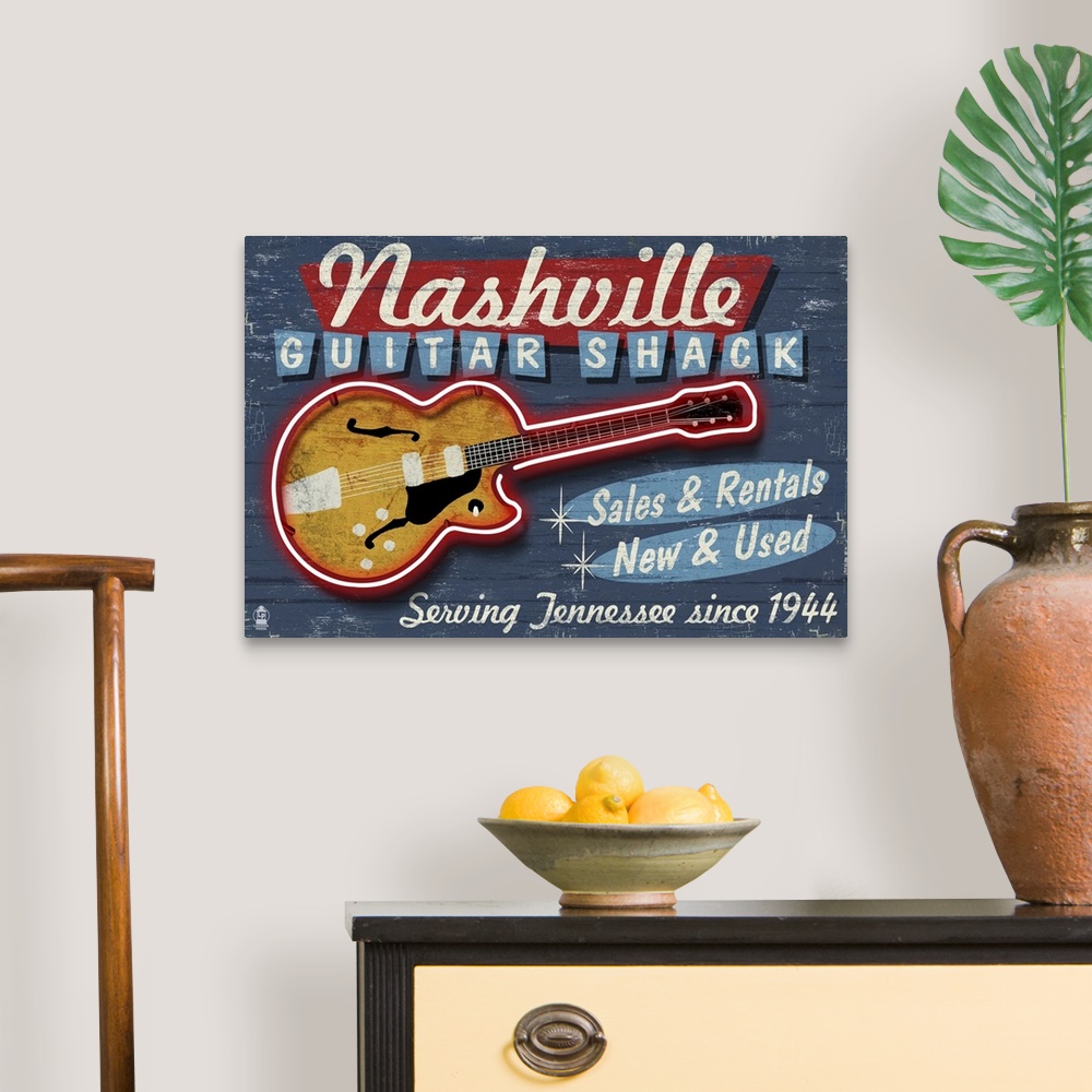 A traditional room featuring Nashville, Tennessee - Guitar Shack Vintage Sign: Retro Travel Poster