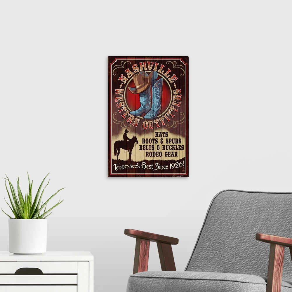 A modern room featuring Nashville, Tennessee - Hat and Boots Vintage Sign: Retro Travel Poster