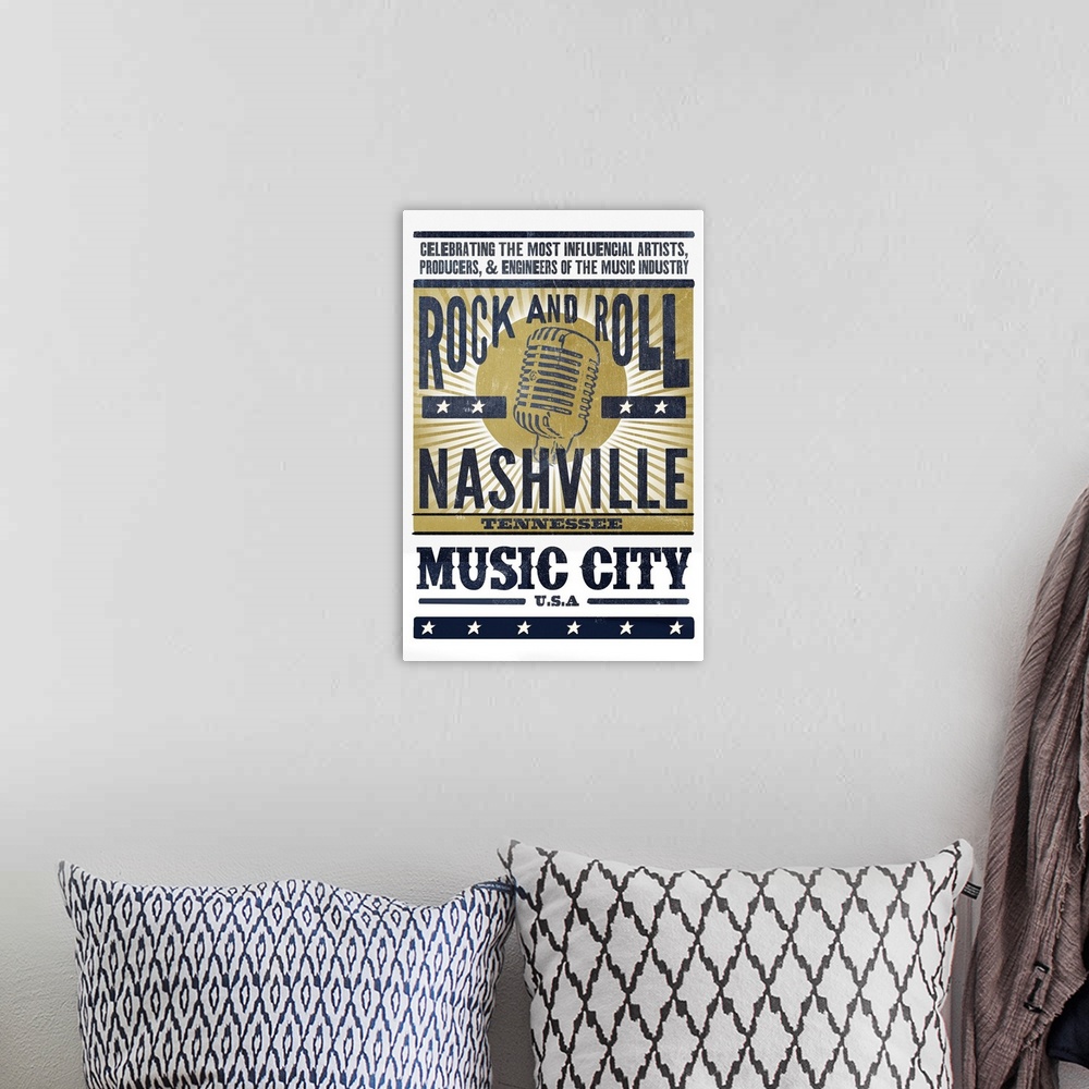 A bohemian room featuring Nashville, Tennessee - Music City, USA - Microphone - Blue & Gold
