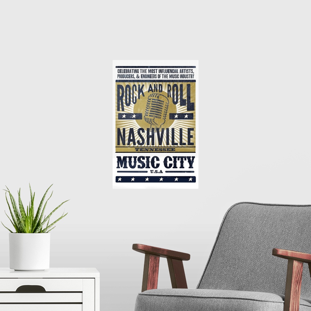 A modern room featuring Nashville, Tennessee - Music City, USA - Microphone - Blue & Gold