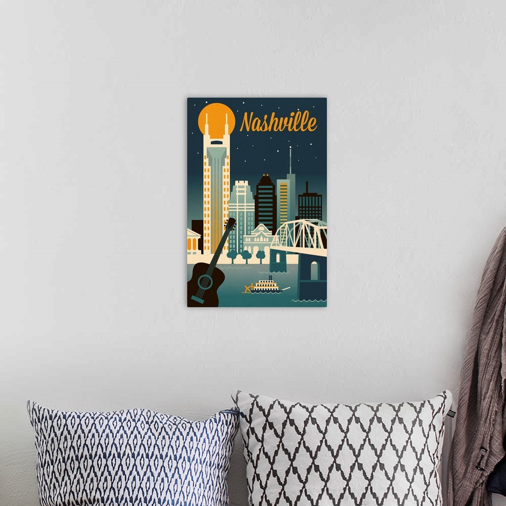 A bohemian room featuring Nashville, Tennessee - Retro Skyline Classic Series -  Lantern Press Artwork