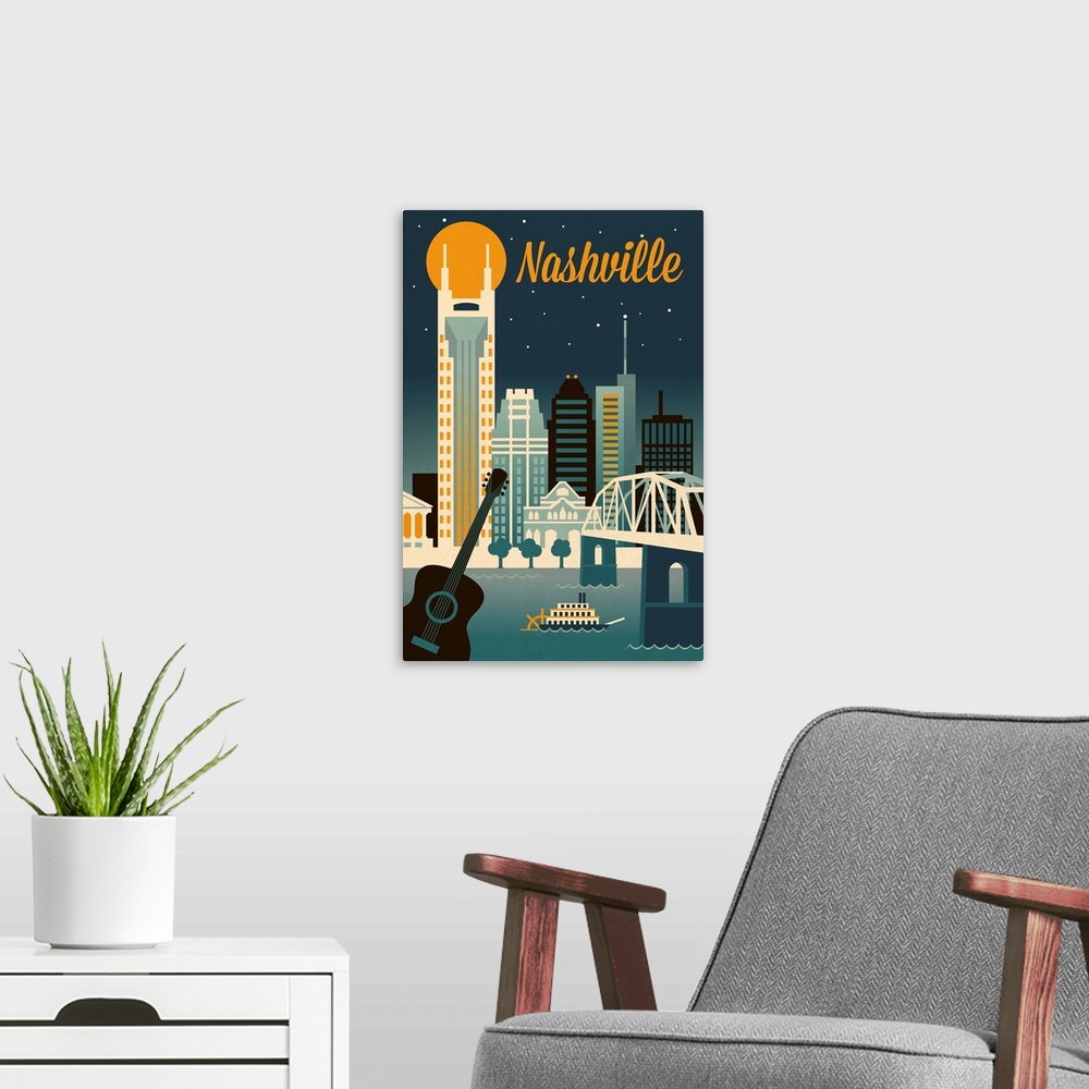 A modern room featuring Nashville, Tennessee - Retro Skyline Classic Series -  Lantern Press Artwork