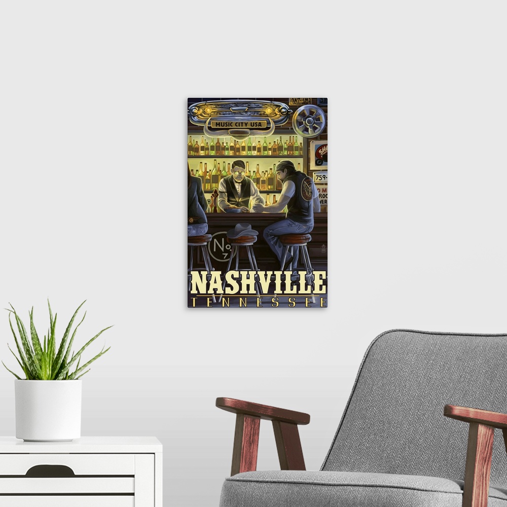 A modern room featuring Retro stylized art poster of a cowboy sitting in dark lit country bar.