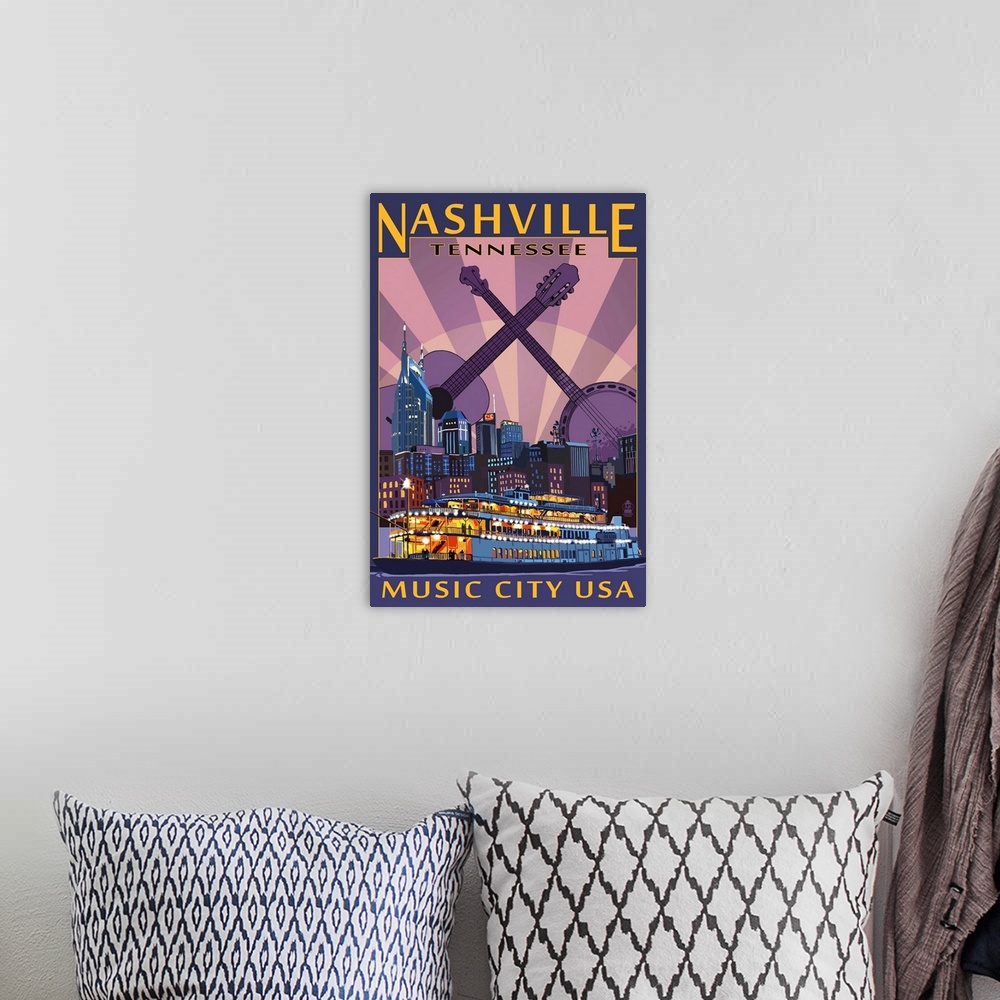 A bohemian room featuring Retro stylized art poster of a city skyline, with an acoustic guitar and a banjo crossing necks i...