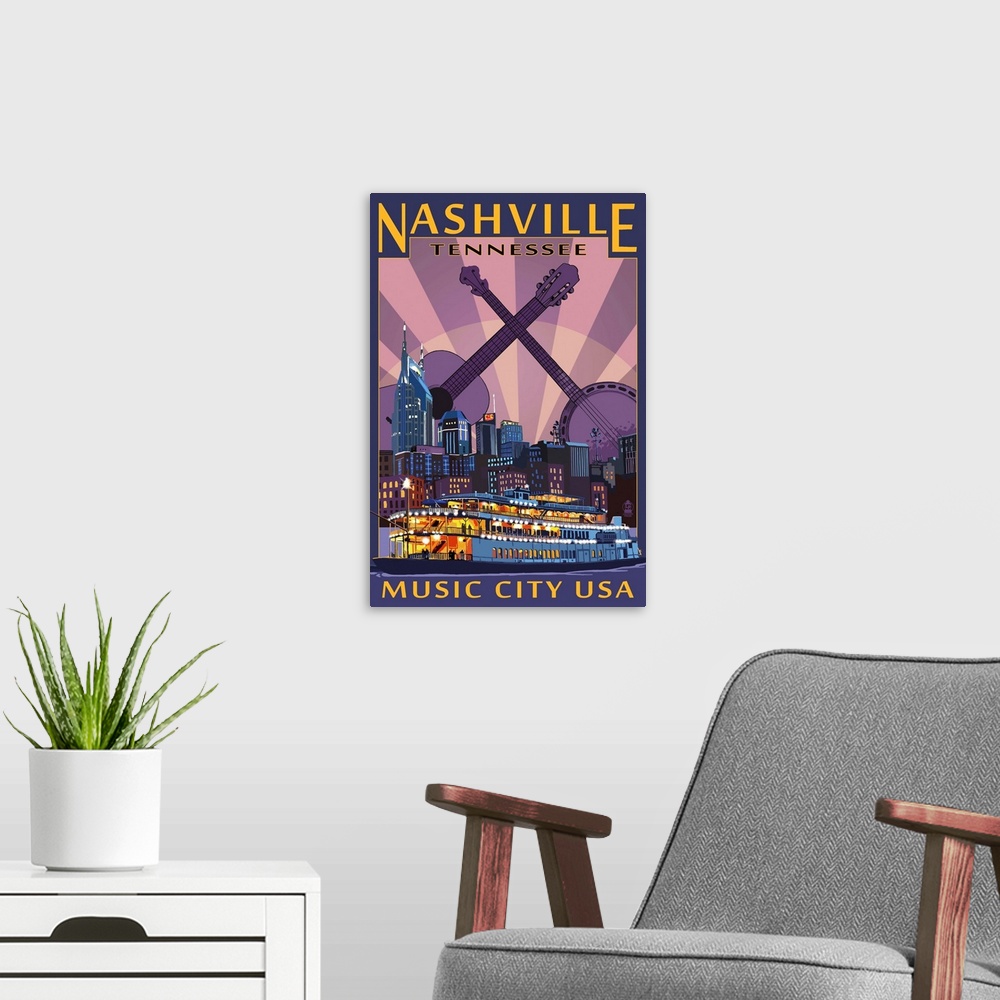 A modern room featuring Retro stylized art poster of a city skyline, with an acoustic guitar and a banjo crossing necks i...
