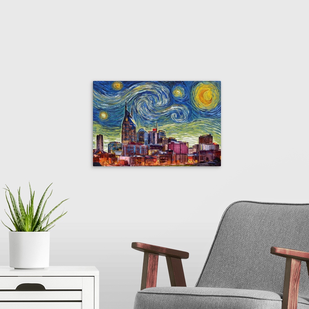 A modern room featuring Nashville, Tennessee - Starry Night City Series
