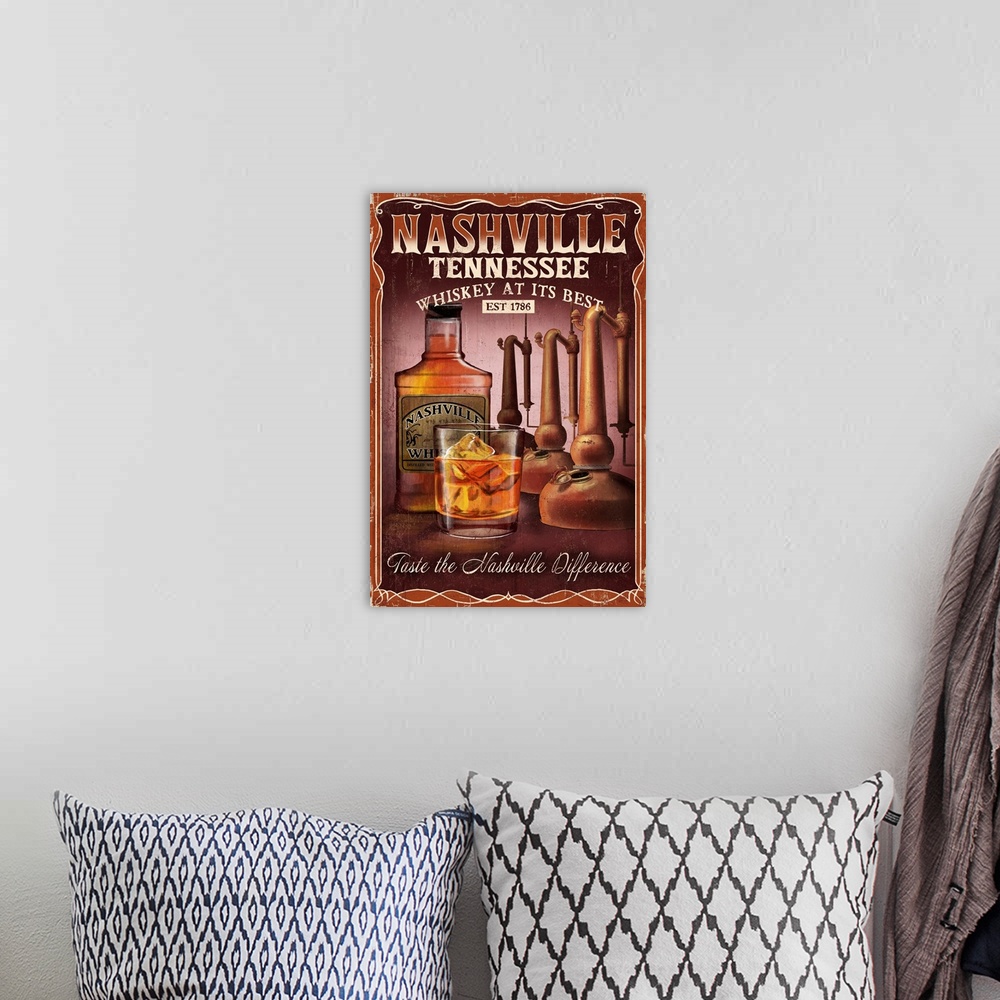 A bohemian room featuring Nashville, Tennessee - Whiskey Vintage Sign: Retro Travel Poster