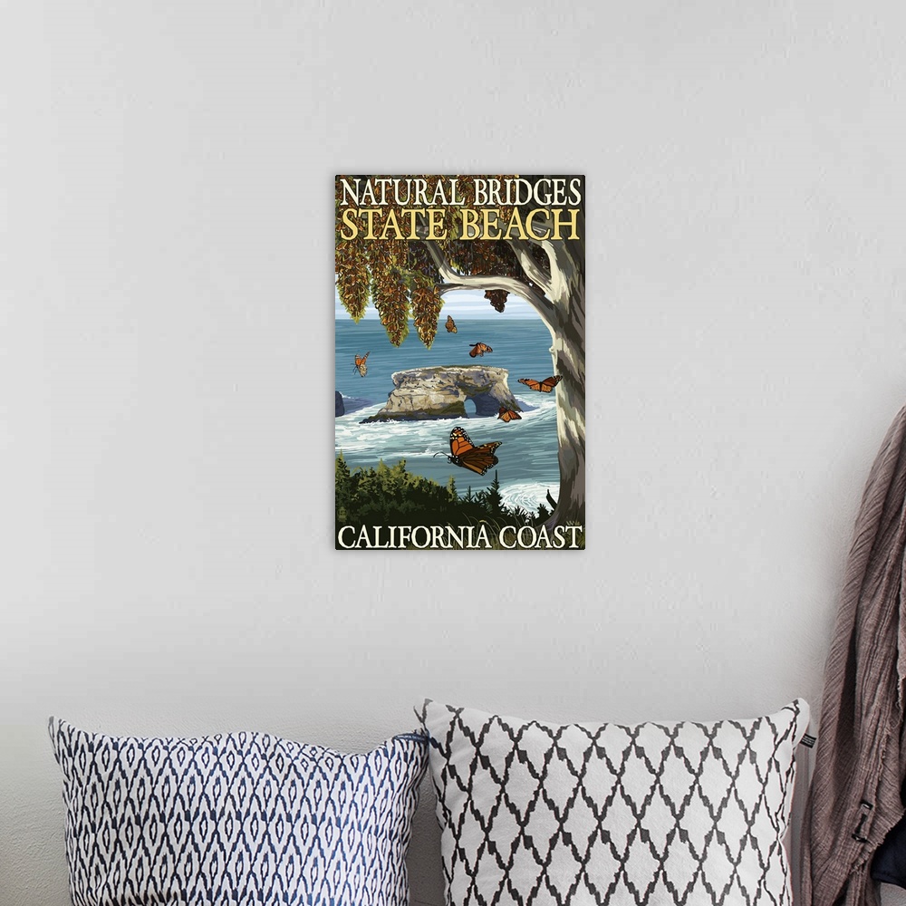 A bohemian room featuring Natural Bridges State Beach, California Coast: Retro Travel Poster
